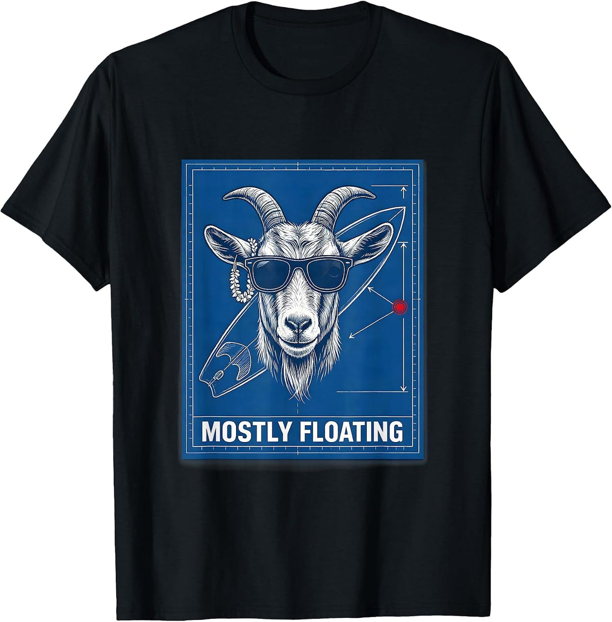 Men's Mostly Floating Technical Blueprint Goat Surfboard Humor T-Shirt - Black
