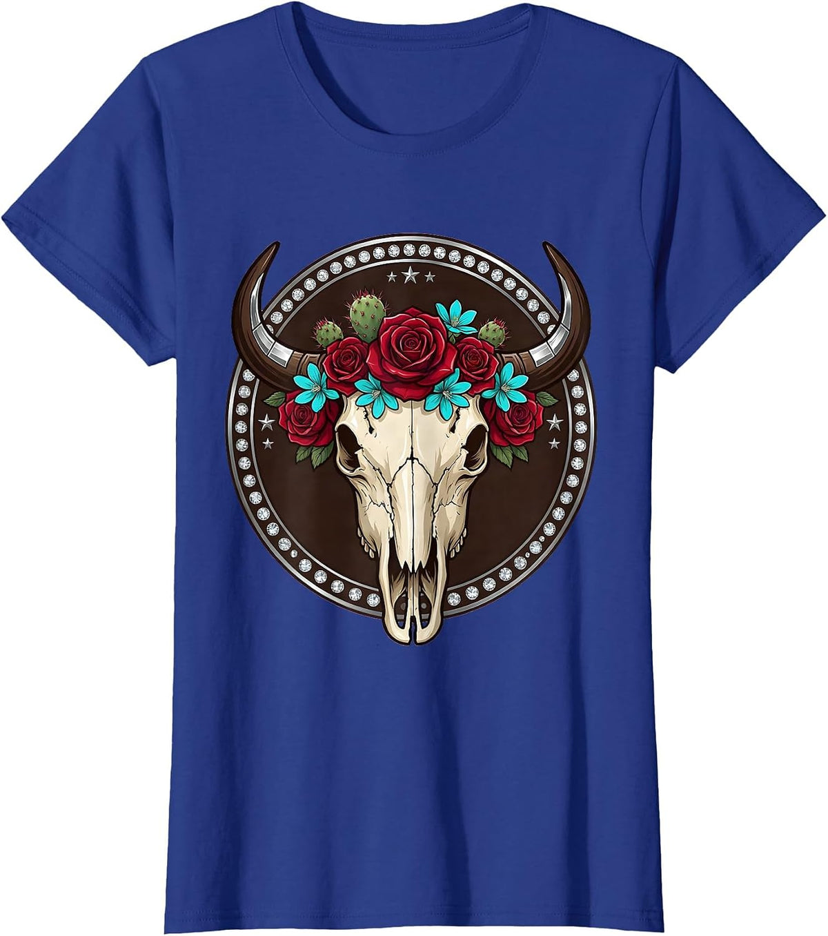 Women's Buffalo Skull Desert Flowers Western Boho Graphic T-Shirt - Royal Blue