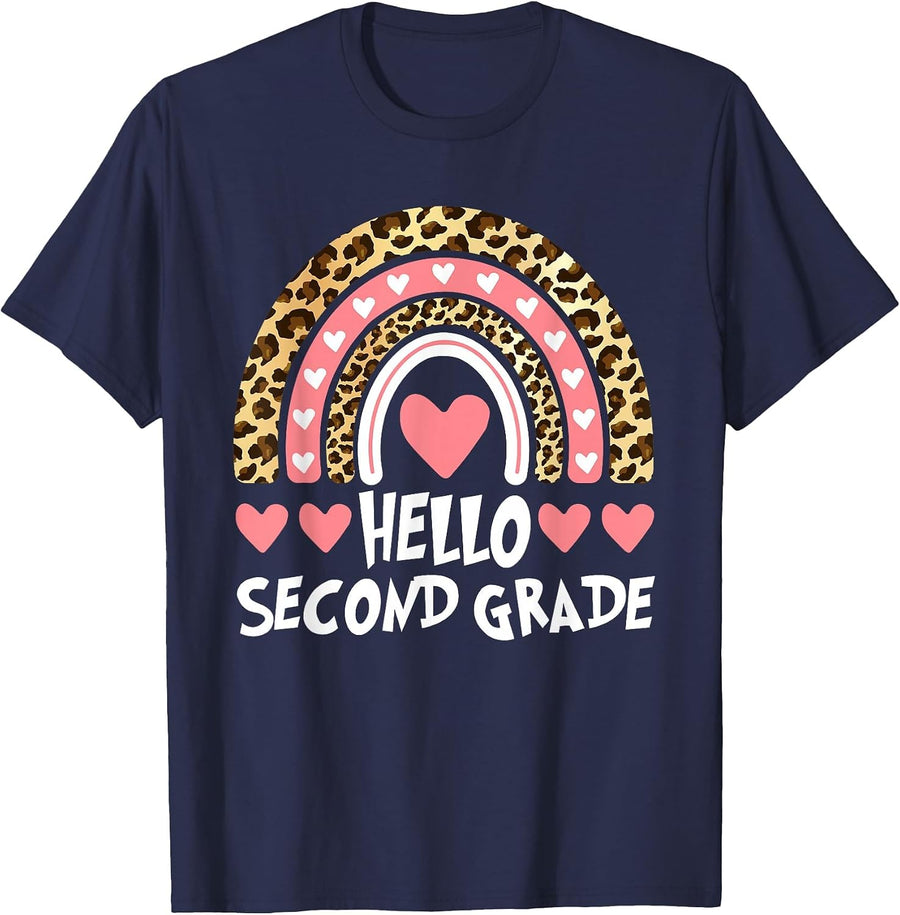 Hello Leopard Rainbow 2nd Grade Teacher Back to School T-Shirt - Navy Blue
