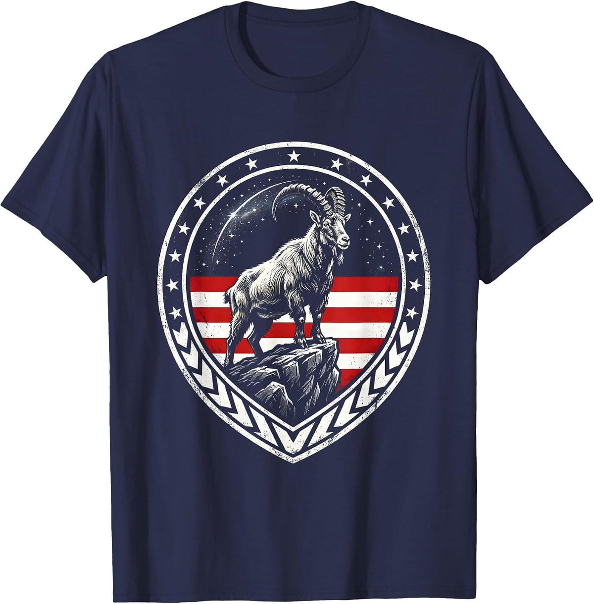 Mountain Goat Rocky Cliff USA Wildlife Art T-Shirt - Navy Blue