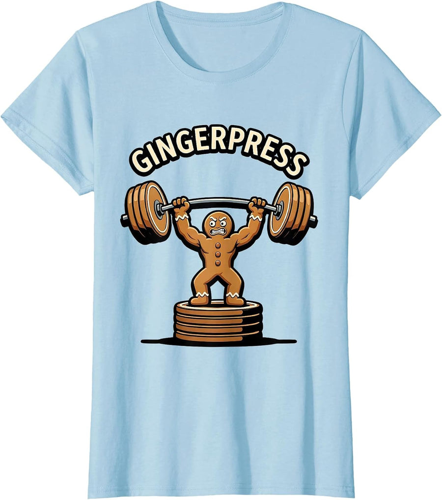 Women's Gingerpress Funny Gingerbread Man Gym Bodybuilding Christmas T-Shirt - Baby Blue