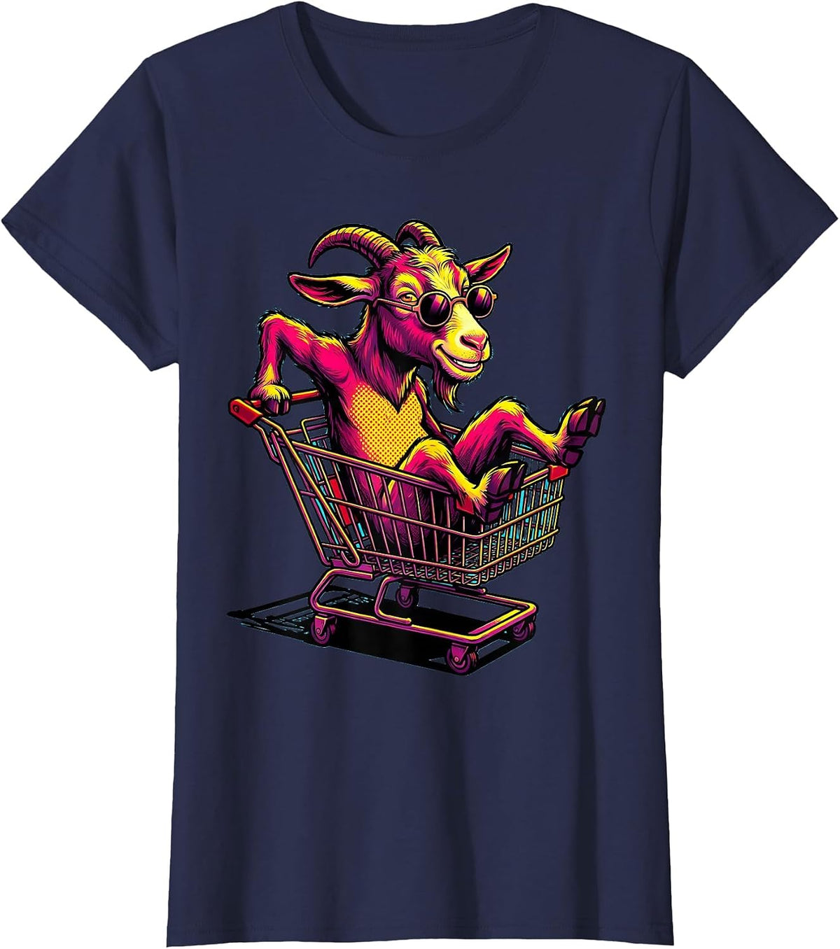 Women's Goat in Sunglasses Shopping Cart Climber T-Shirt - Navy Blue