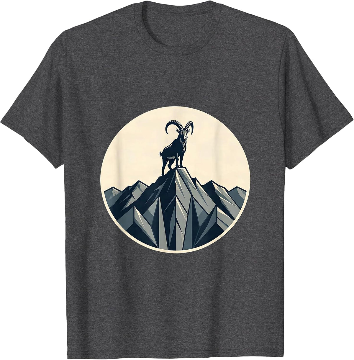 Mountain Goat Triumphant on Cliff Peak Graphic T-Shirt - Dark Heather Grey