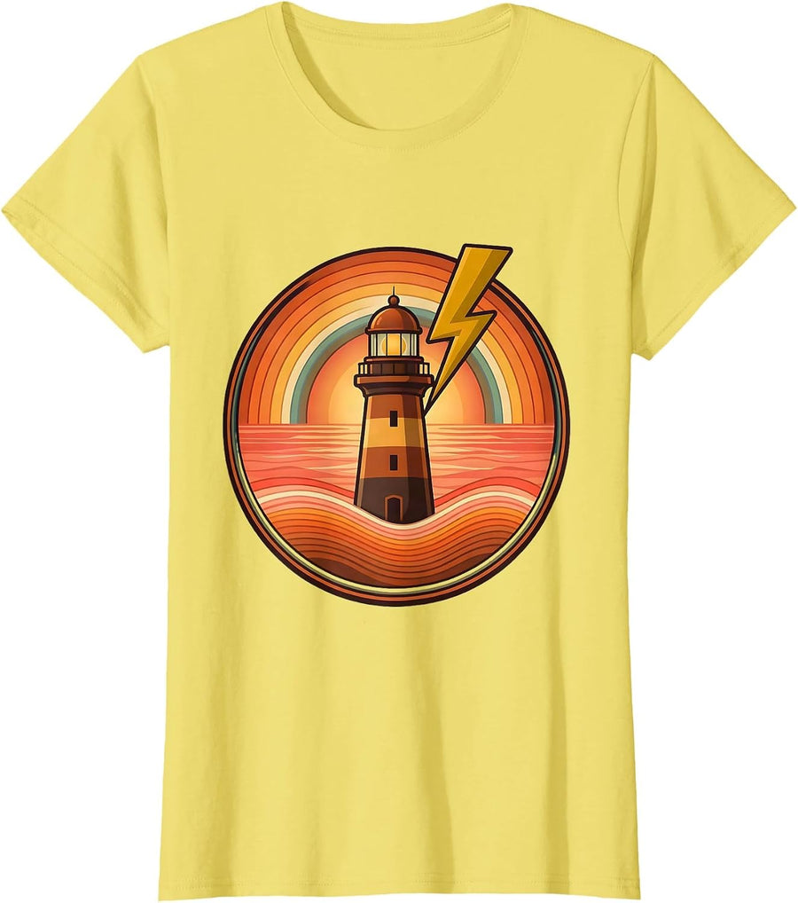 Women's Gulf Coast Lighthouse Lightning Storm Illustration T-Shirt - Lemon Yellow