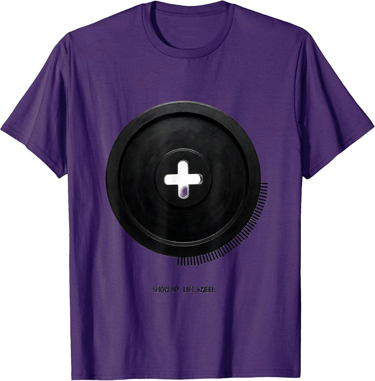 Show Up. Lift. Kneel. Minimalist Christian Gym Faith Workout T-Shirt - Purple