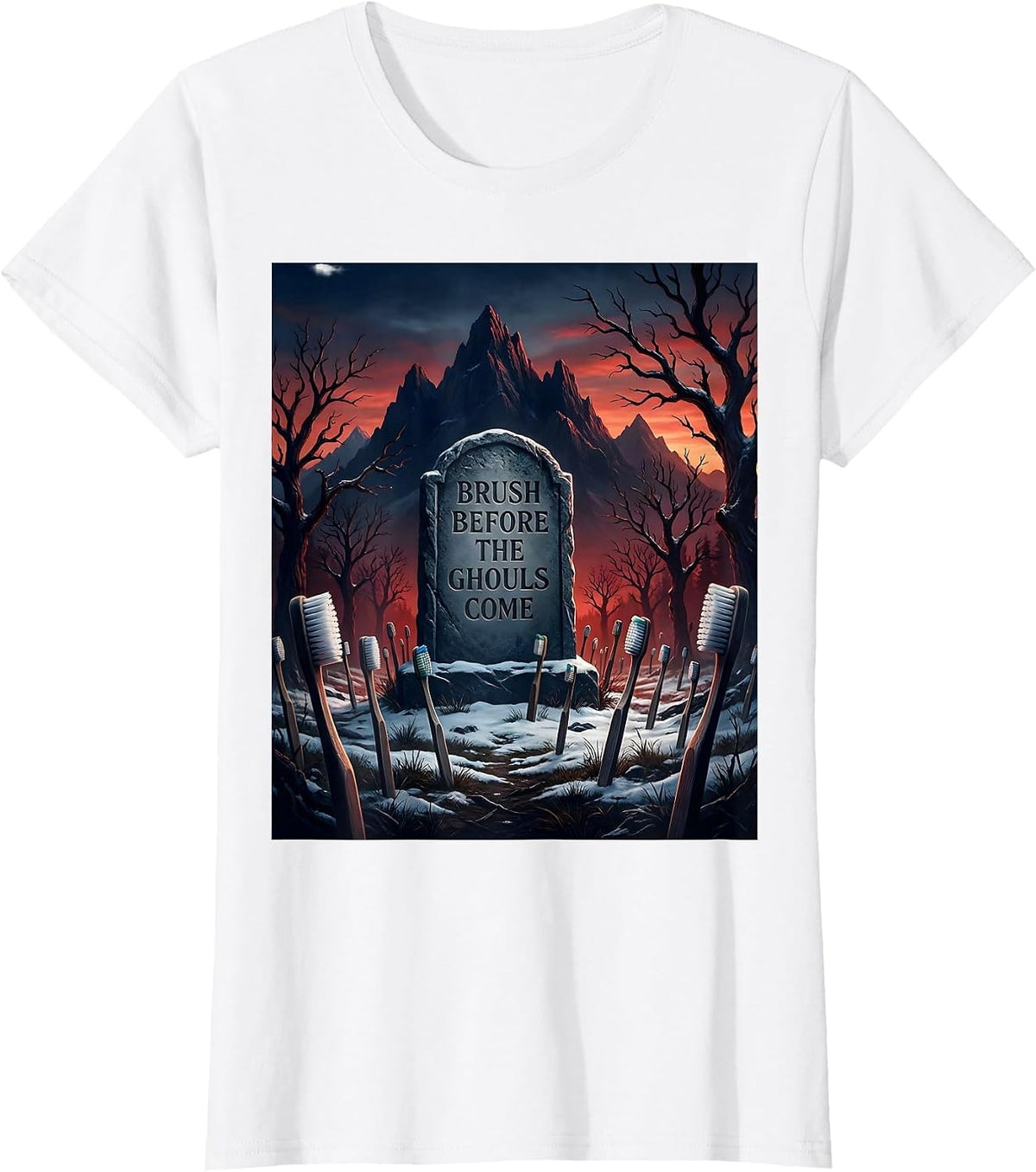 Halloween Dental Toothbrush Graveyard Design T-Shirt - White