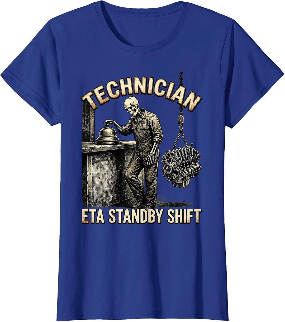 Women's Technician, ETA Standby Shift Funny Mechanic Skeleton Auto T-Shirt - Royal Blue