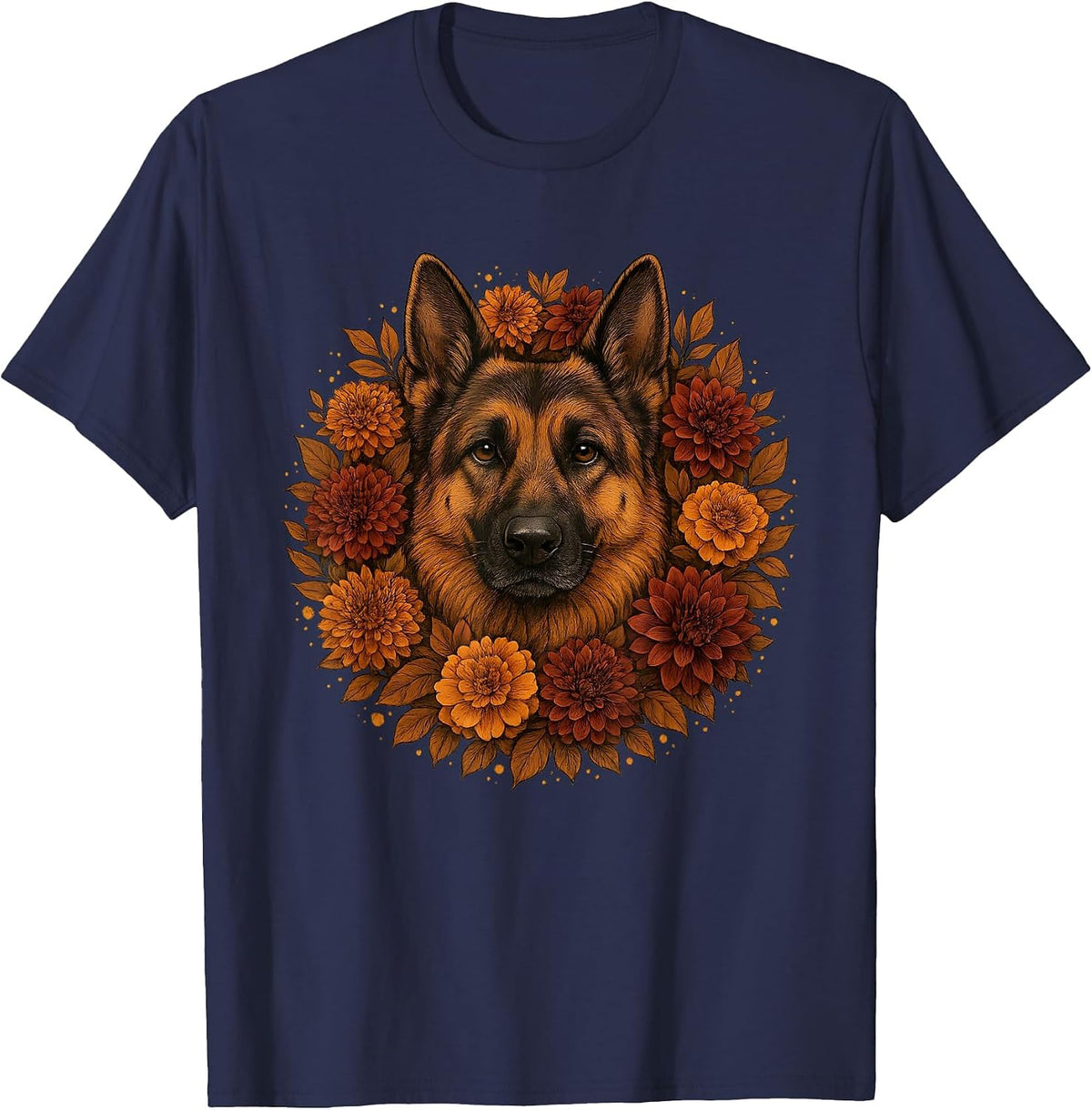 Vintage German Shepherd Autumn Floral Dog Fall Flowers T-Shirt - Navy Blue