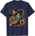 Western Cowboy Boot Horseshoe Sunflower Rope Cowgirl Boot T-Shirt - Navy Blue