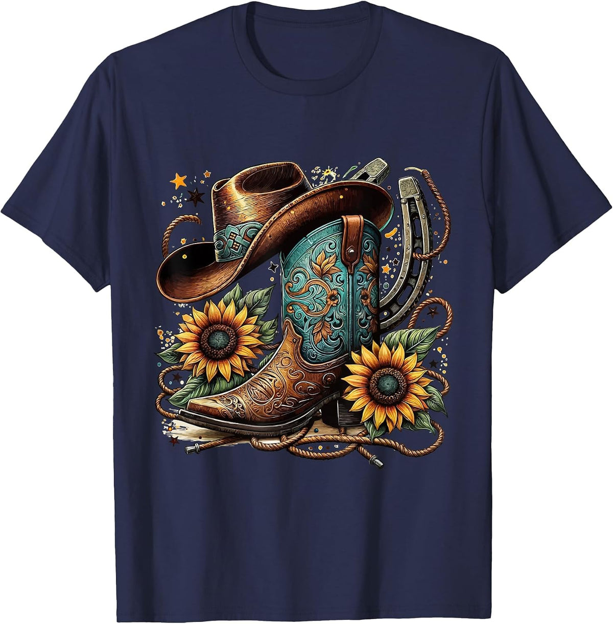 Western Cowboy Boot Horseshoe Sunflower Rope Cowgirl Boot T-Shirt - Navy Blue