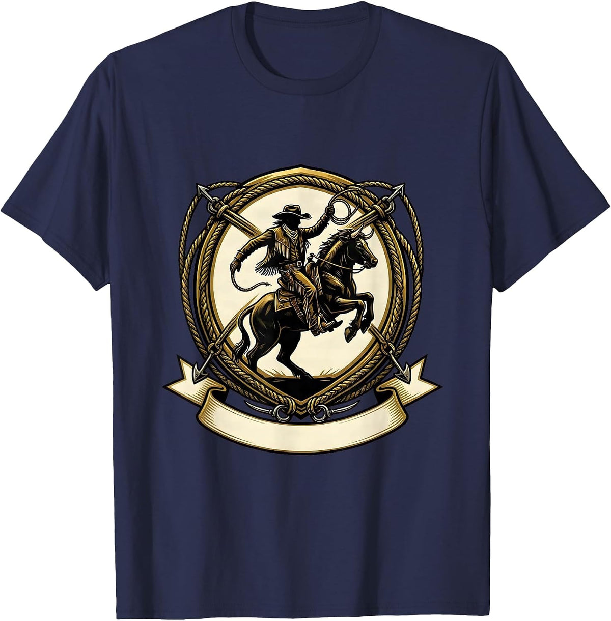 Cowgirl Riding Cowboy Rodeo Arena Illustration T-Shirt - Navy Blue