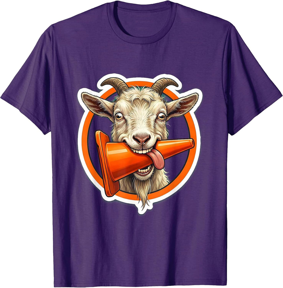 Men's Derpy Goat Eating a Traffic Cone Funny Illustration T-Shirt - Purple