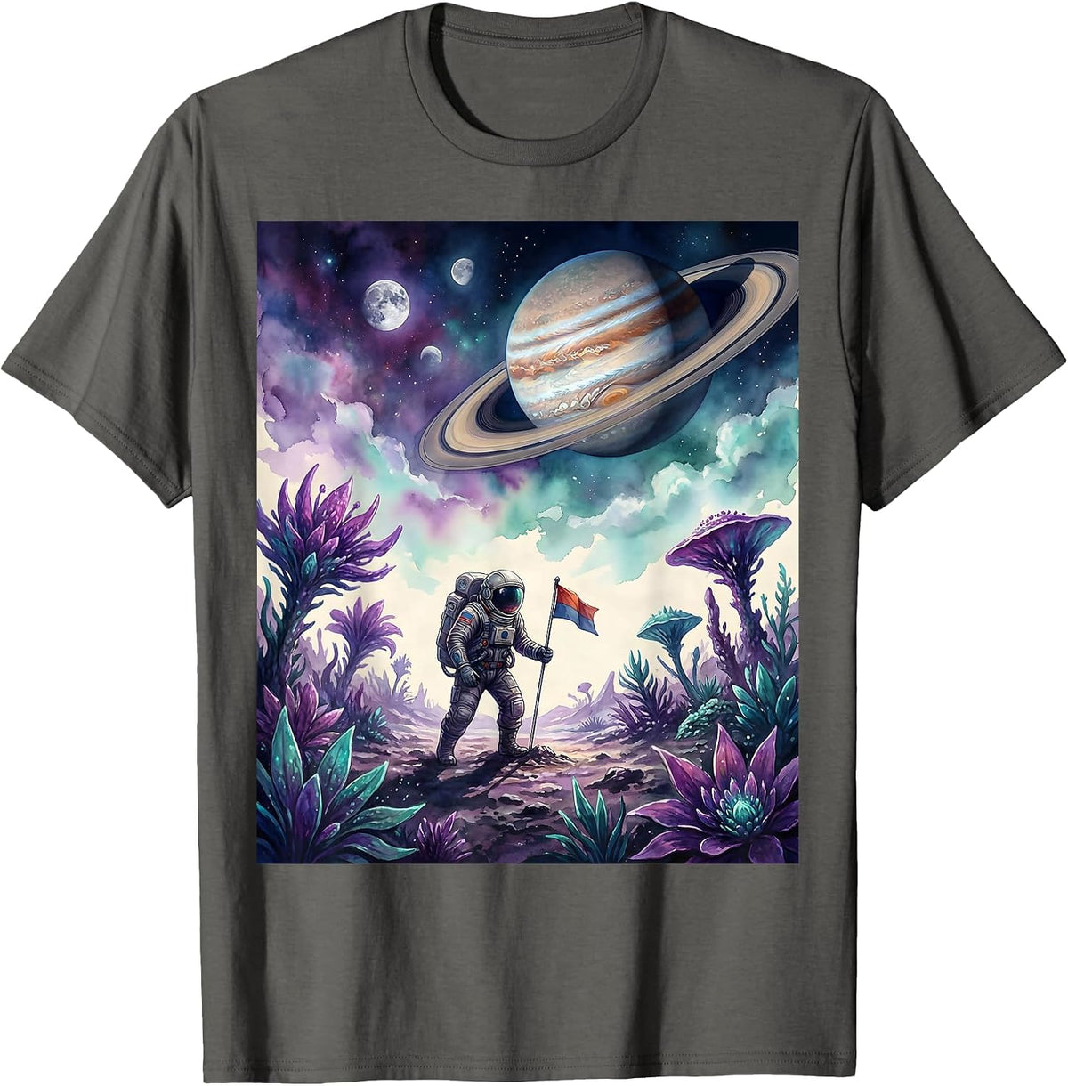 Men's Astronaut Planting Flag on Colorful Alien Planet T-Shirt - Asphalt Grey