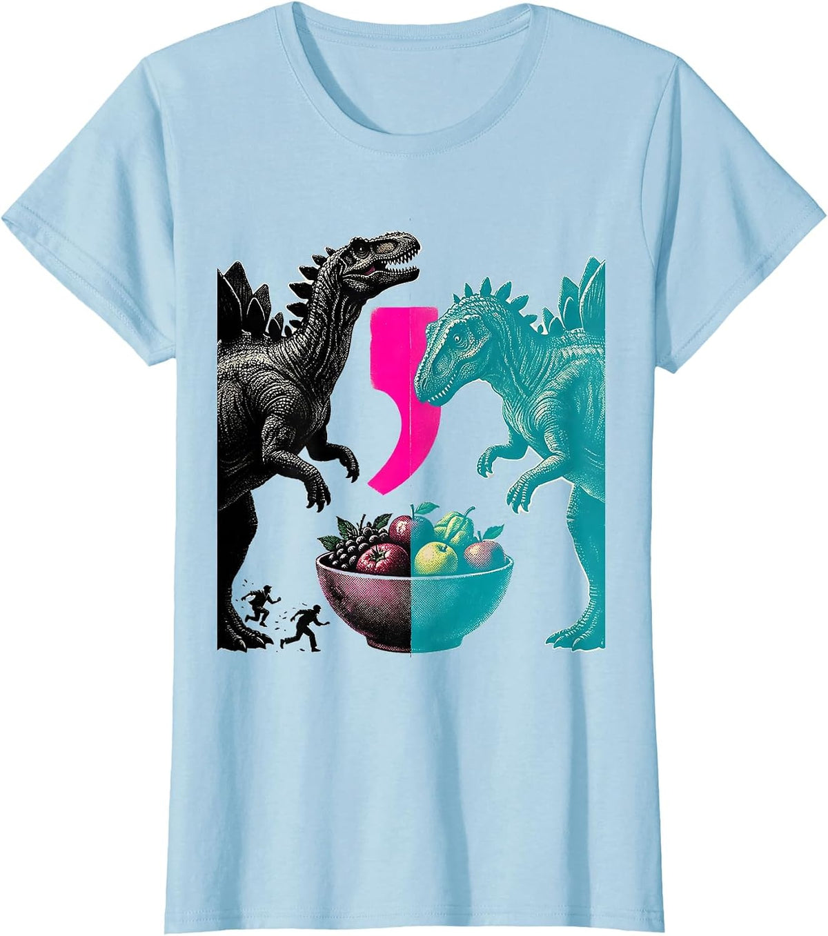 Women's Mirrored Stegosaurus Risograph Grammar Teacher Punctuation T-Shirt - Baby Blue