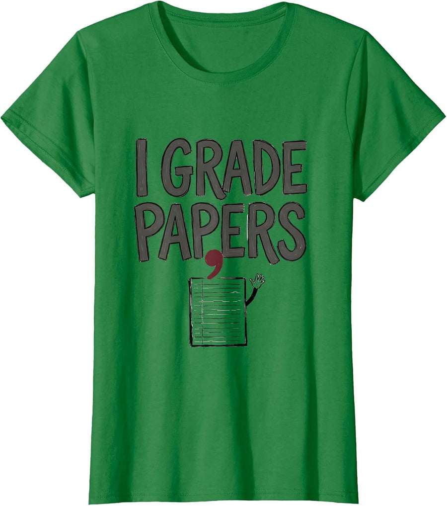 Women's I Grade, Papers Funny Grammar Teacher Punctuation Humor T-Shirt - Kelly Green