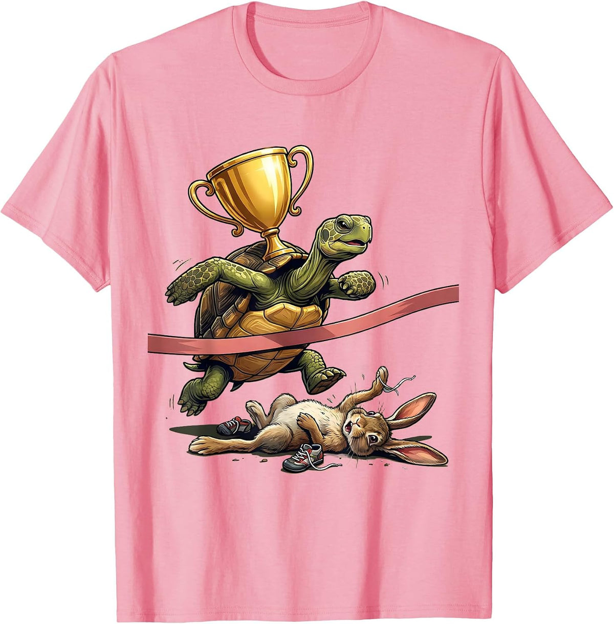 Funny Turtle Wins Sprint Race Against Rabbit T-Shirt - Pink