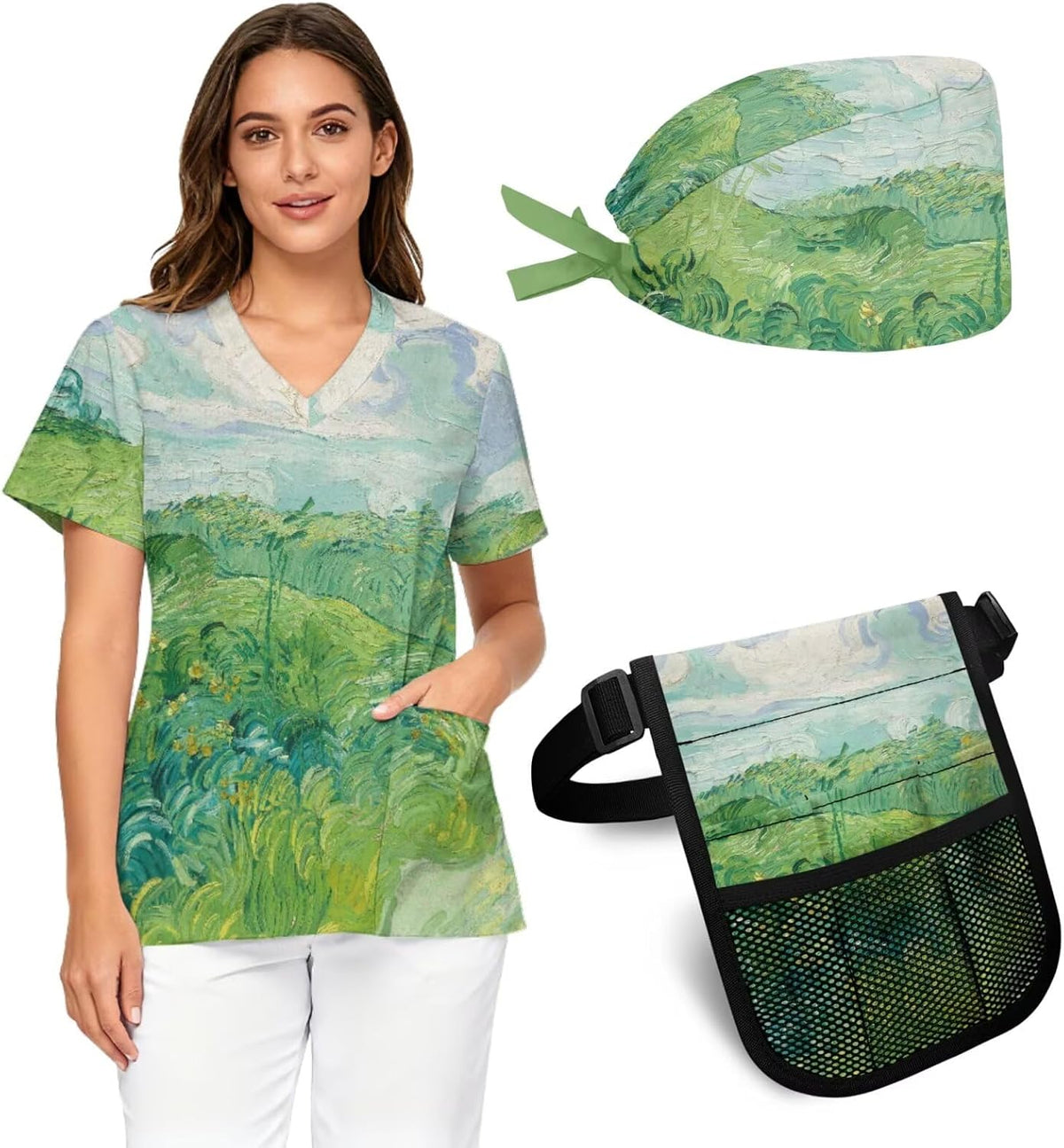 Women's Medical Workwear Three-Piece Set V-neck top waist pouch and pocketed work cap - Grassland Oil Painting Print
