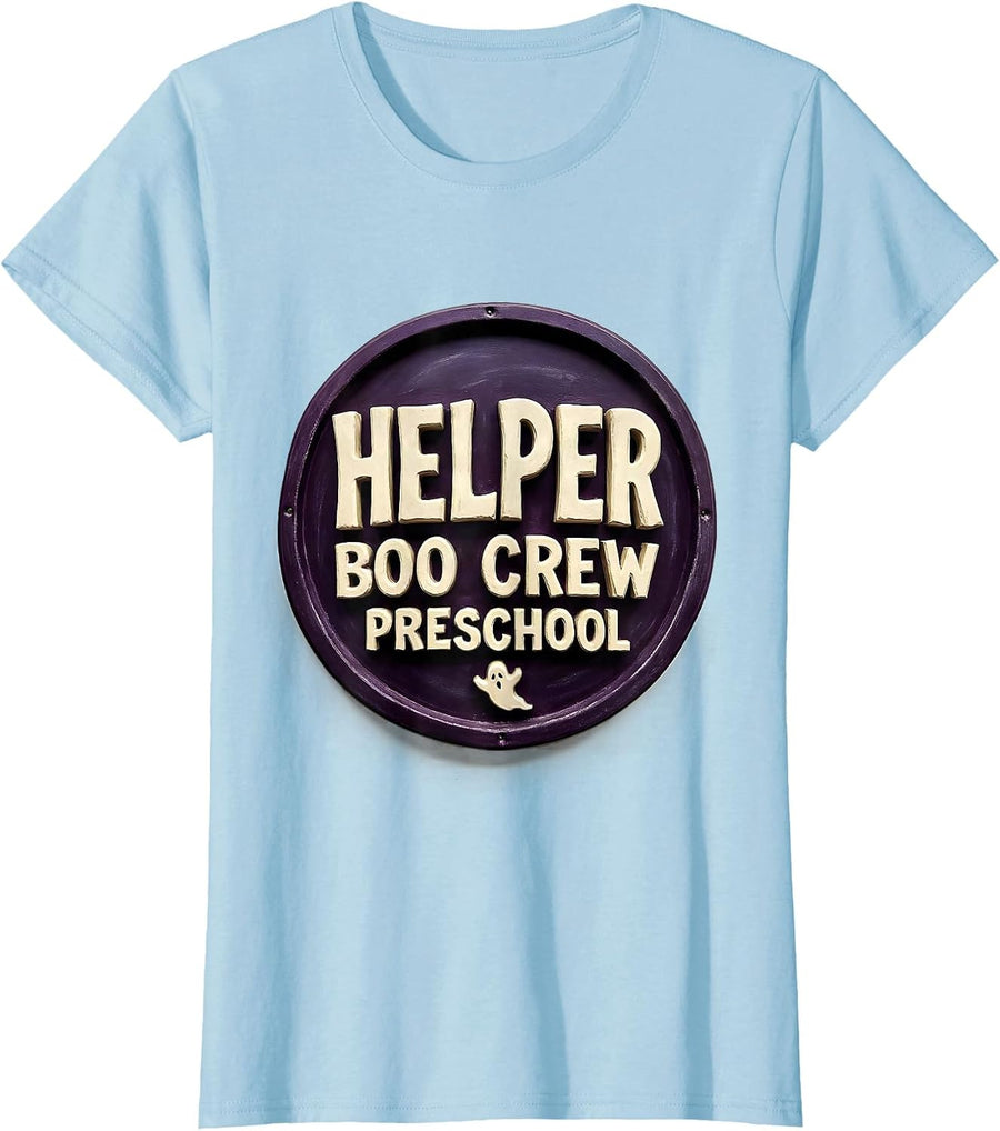 Women's Preschool Boo Crew Helper Funny Preschool Teacher Halloween T-Shirt - Baby Blue