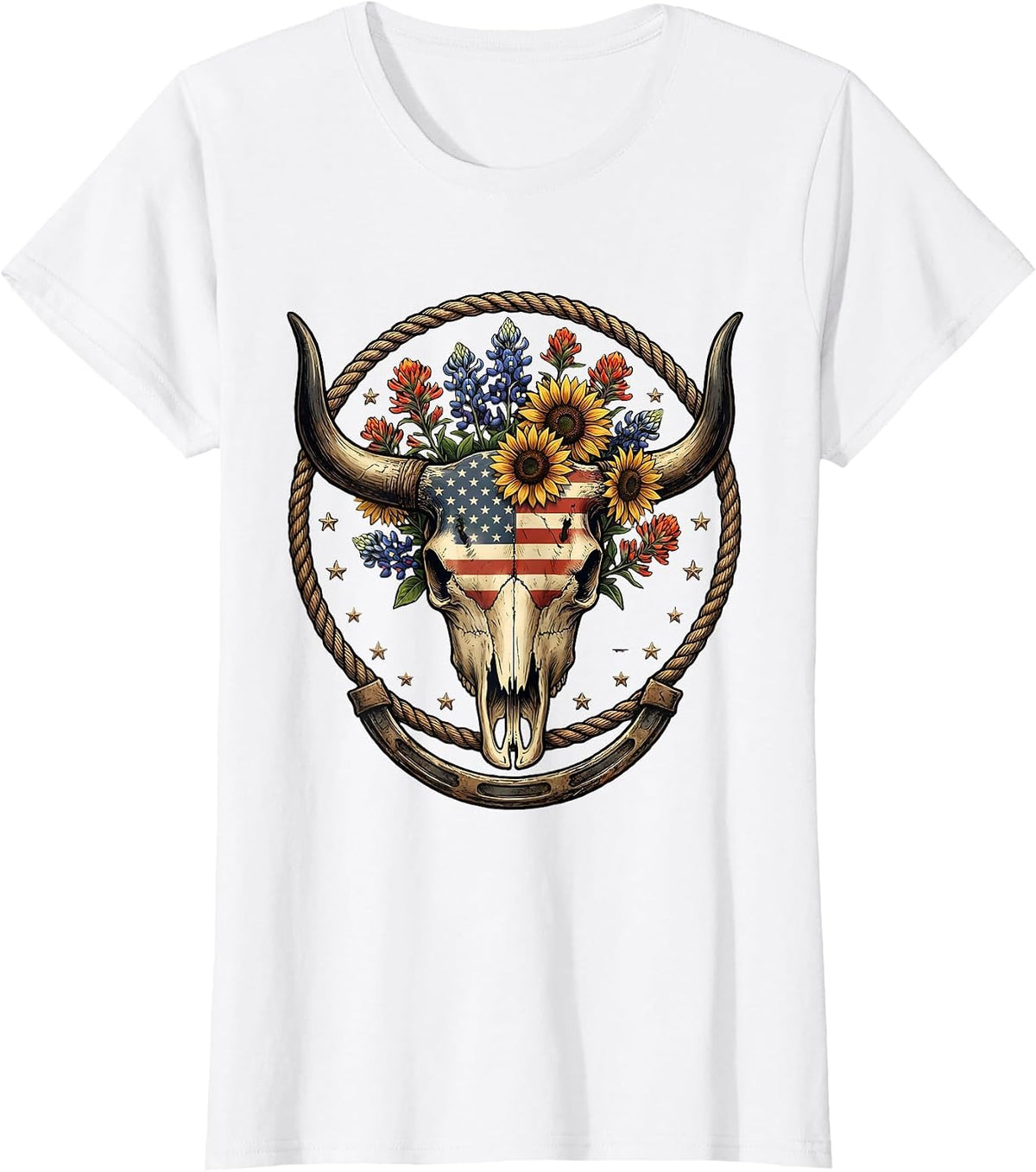 Women's Bull Skull Wildflowers Western Boho Floral Illustration T-Shirt - White