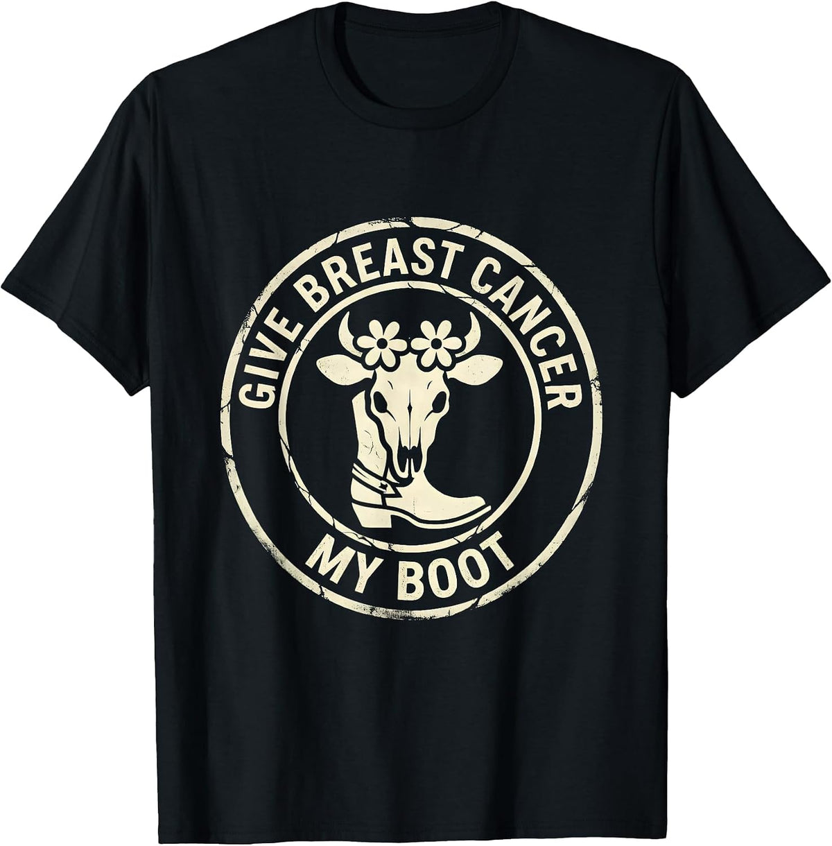 Men's Give Breast Cancer My Boot Boho Western Cowgirl Awareness T-Shirt - Black