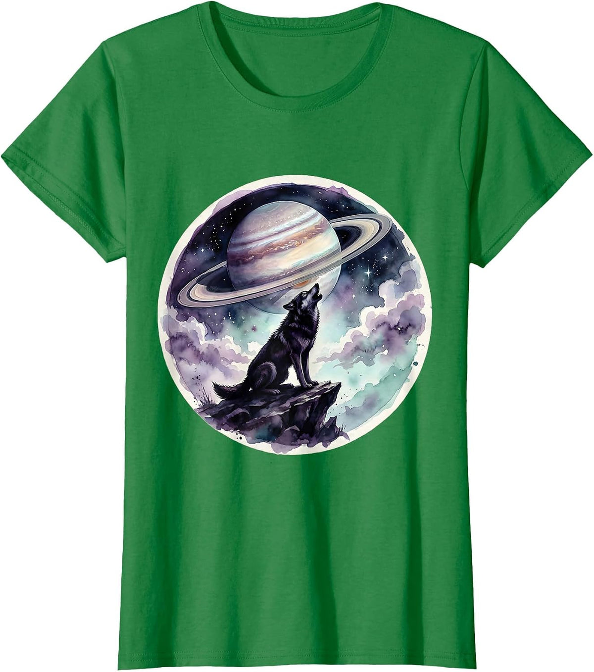 Women's Wolf Howling at a Ringed Planet Galaxy Design T-Shirt - Kelly Green