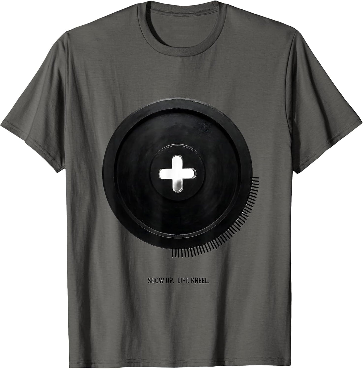 Show Up. Lift. Kneel. Minimalist Christian Gym Faith Workout T-Shirt - Asphalt Grey