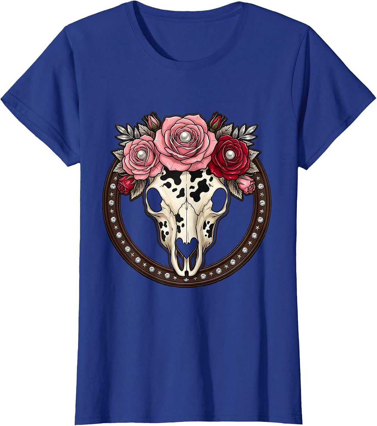 Women's Cow Print Floral Skull Boho Western Design T-Shirt - Royal Blue