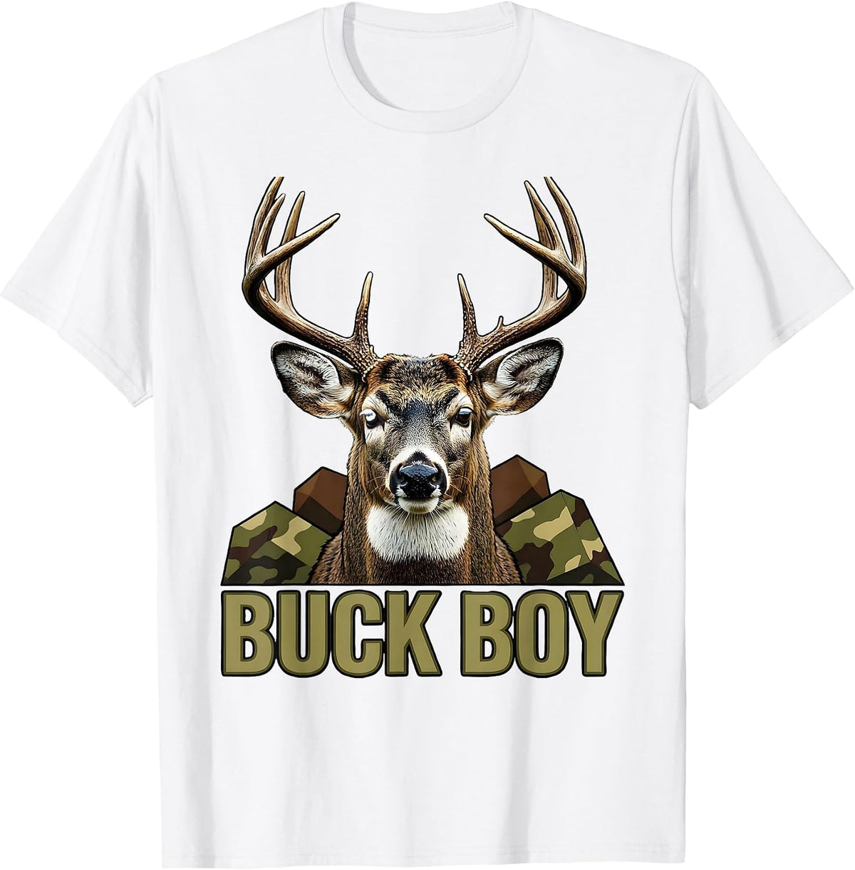 Men's Buck Boy Screenprint Camo Deer Hunting Youth Humor T-Shirt - White