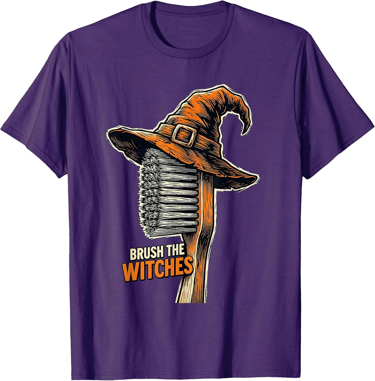 Men's Brush the Witches Linocut Funny Dental Halloween Costume T-Shirt - Purple