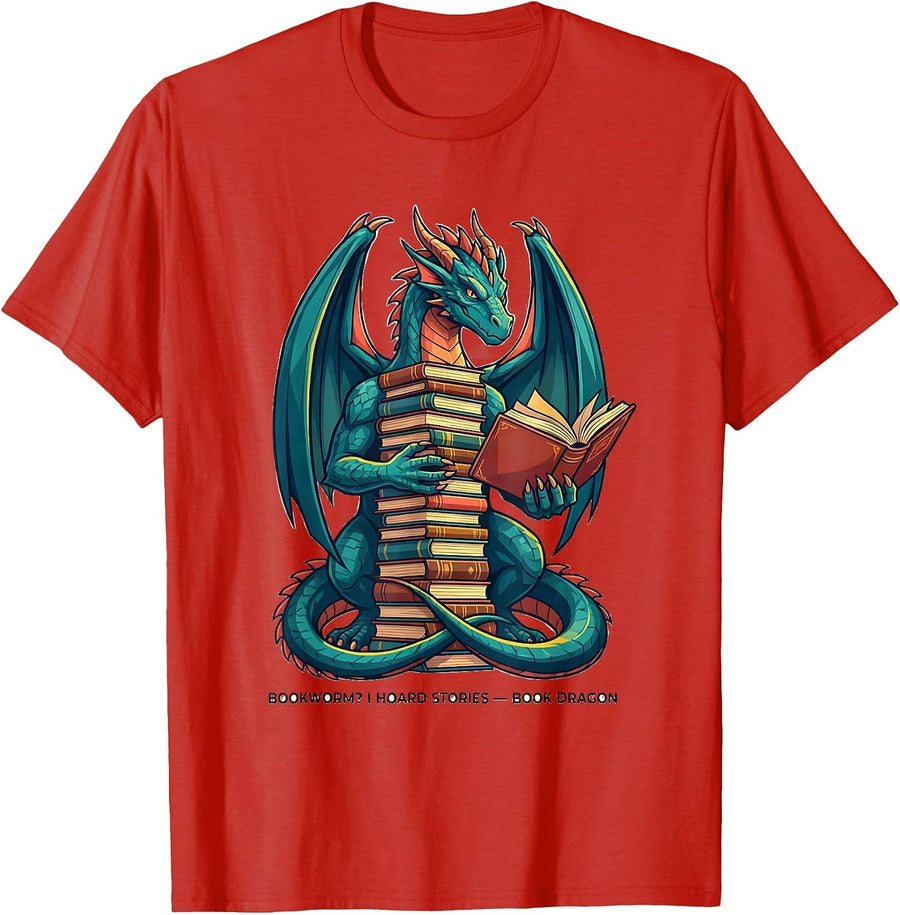 Men's Bookworm? I Hoard Stories Book Dragon Funny Fantasy Book T-Shirt - Red
