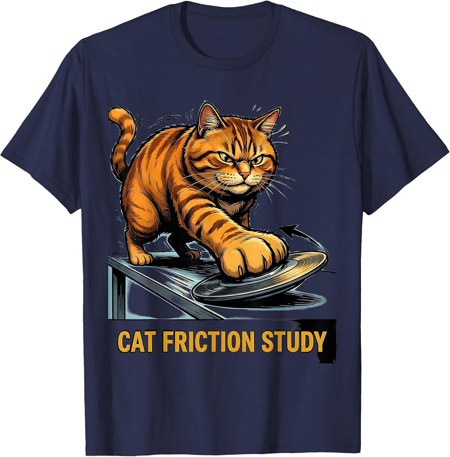 Cat Friction Study Funny Cat Science Math Teacher Student T-Shirt - Navy Blue