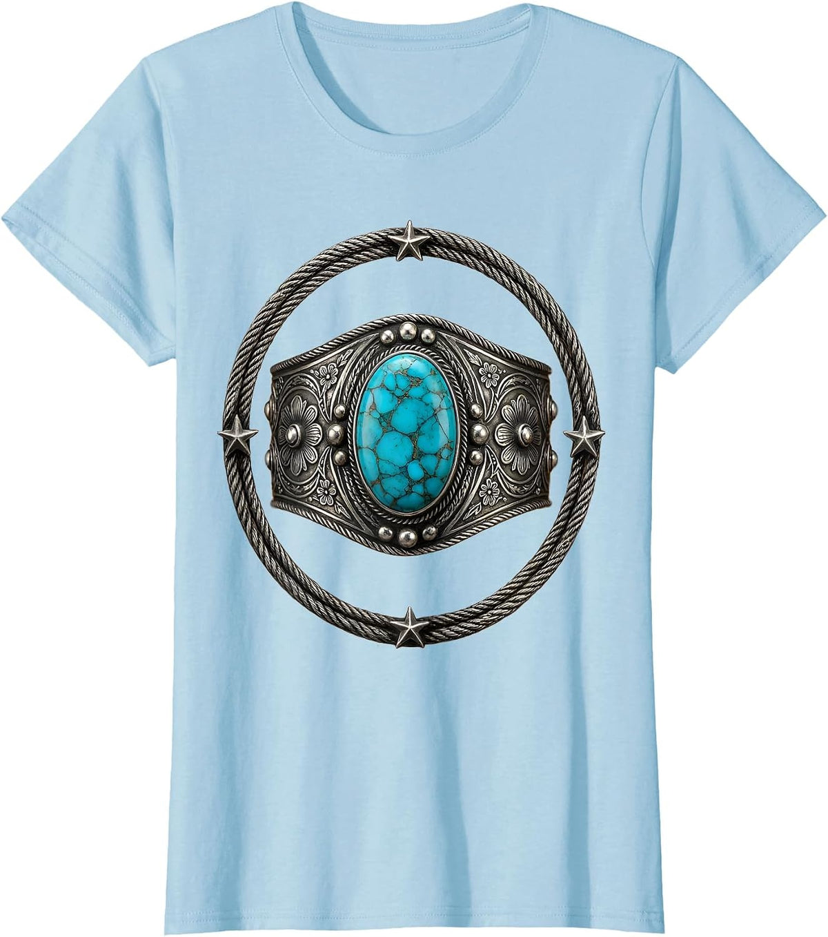 Women's Turquoise Silver Cuff Western Gemstone Design T-Shirt - Baby Blue