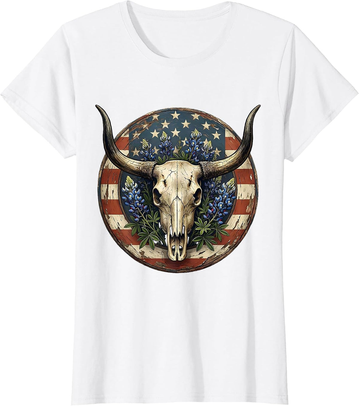 Longhorn Skull Wildflowers Western Boho Design T-Shirt - White