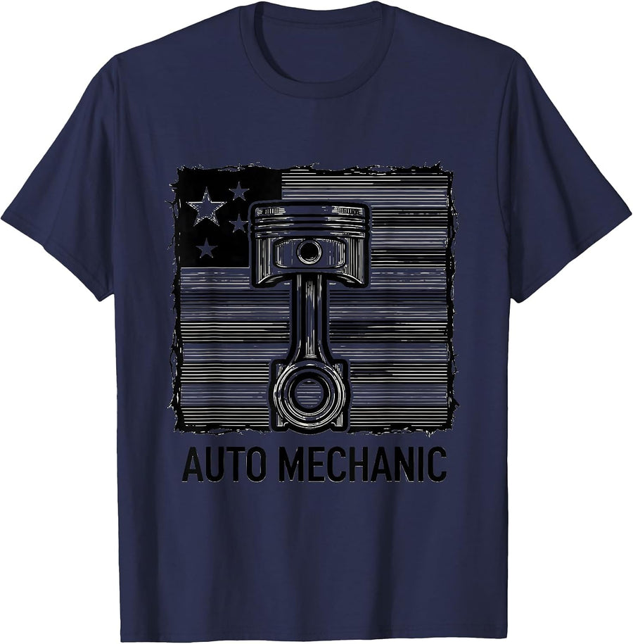 Auto Mechanic Patriotic Flag Line Art Car Mechanic Gift T-Shirt - Navy Blue