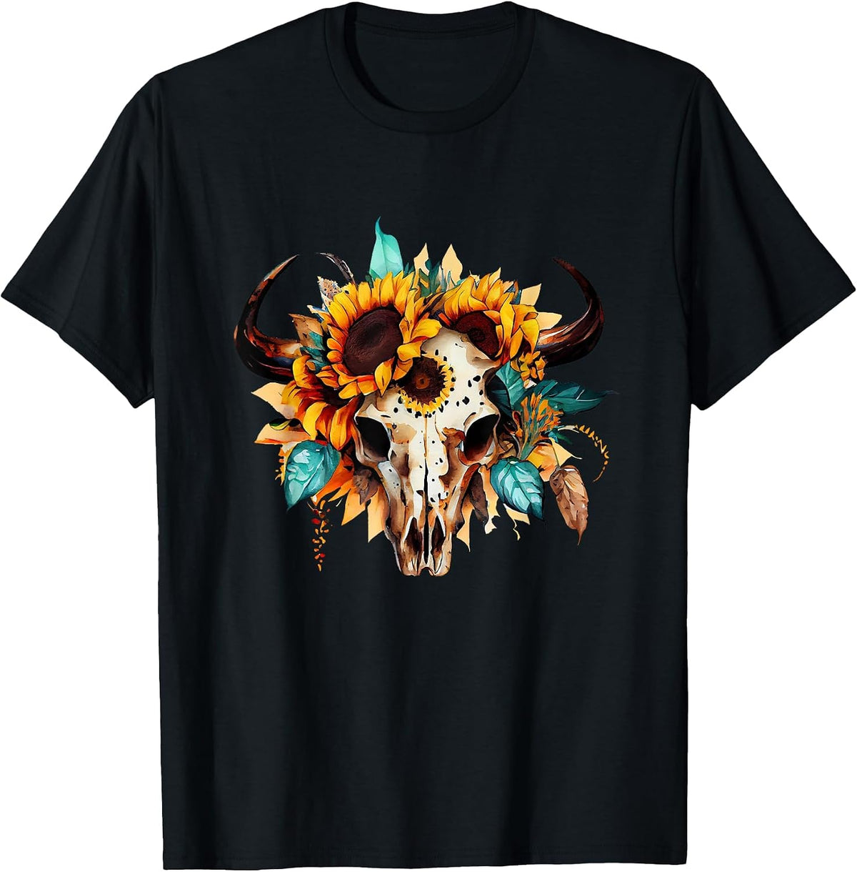 Boho Cow Skull Sunflower Vintage Western Aztec Cute Cowskull T-Shirt - Black