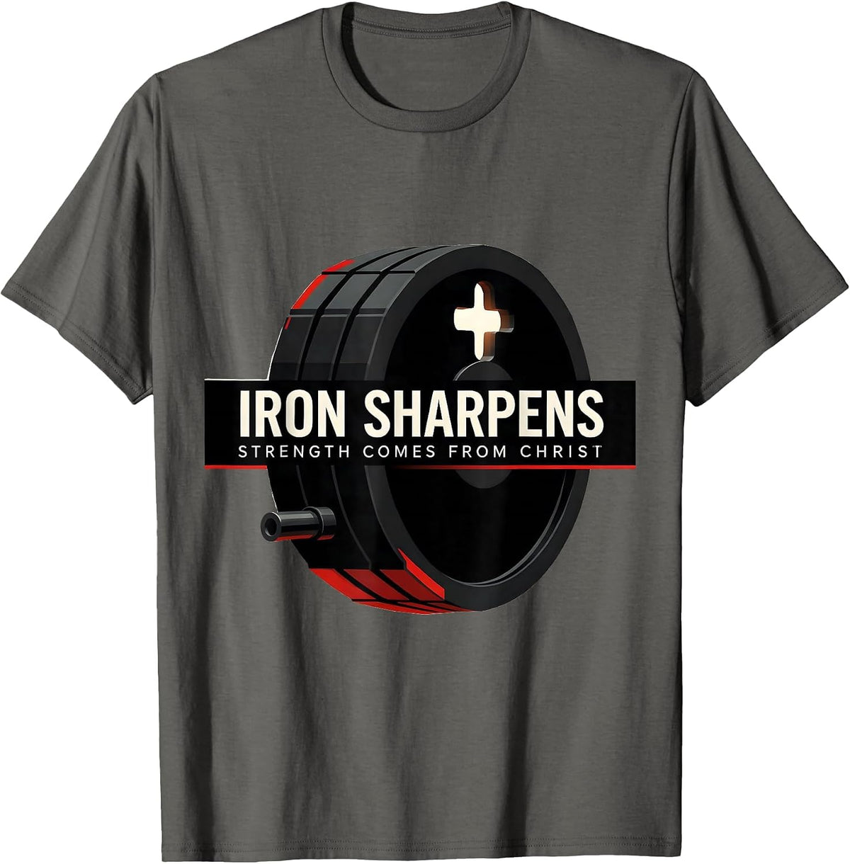 Iron Sharpens, Strength Comes From Christ Christian Gym T-Shirt - Asphalt Grey