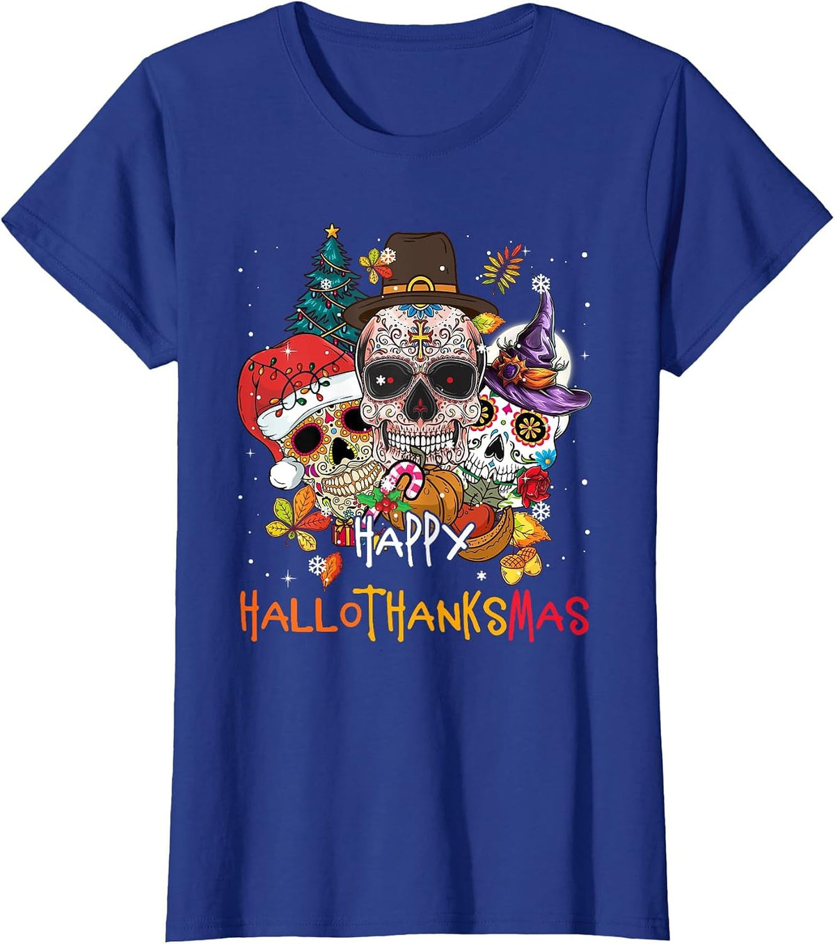 Sugar-Skull Skeleton Halloween Xmas Happy Hallothanksmas T-Shirt - Royal Blue