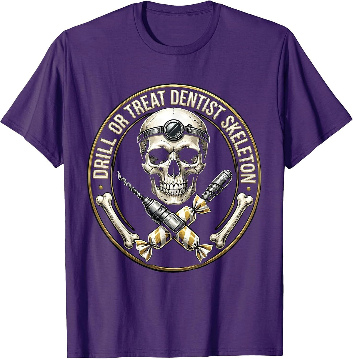 Men's Drill or Treat Halloween Dentist Skeleton Design T-Shirt - Purple