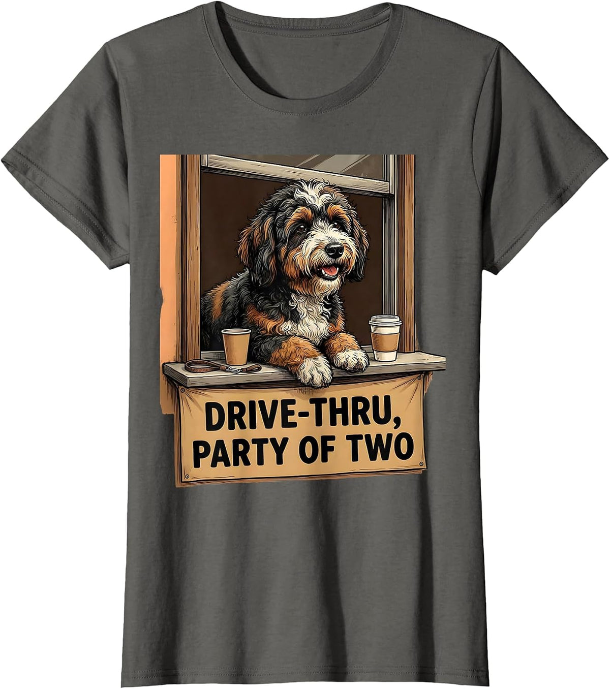 Women's Drive-Thru Party Of Two Funny Bernedoodle Coffee Lover T-Shirt - Asphalt Grey