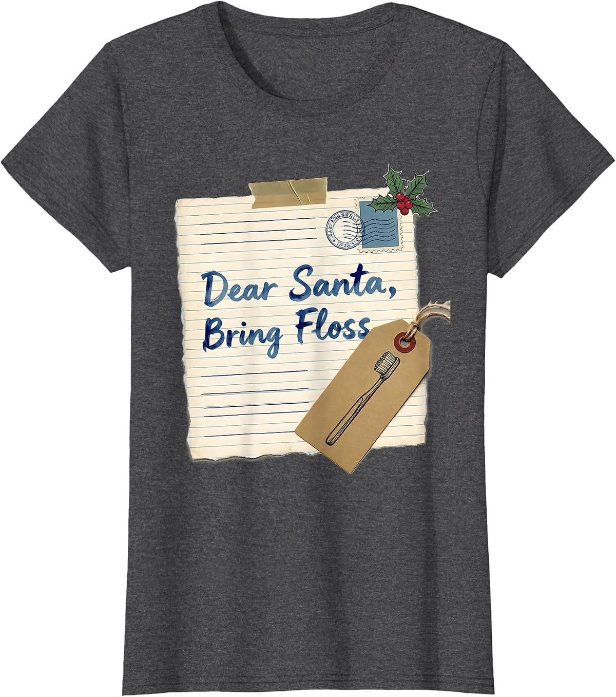 Women's Dear Santa Bring Floss Funny Dental Christmas Dentist T-Shirt - Dark Heather Grey