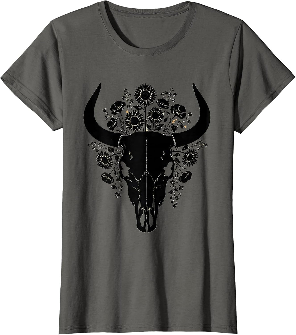 Women's Bull Skull Wildflowers Western Boho Graphic Tee T-Shirt - Asphalt Grey