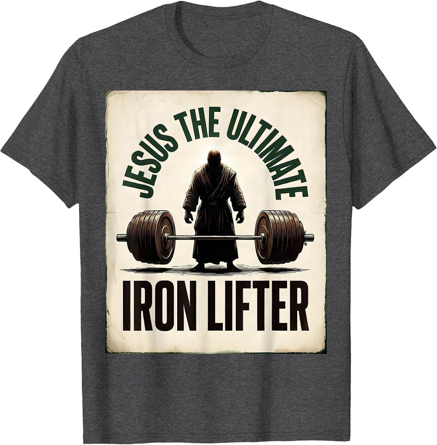 Men's Jesus The Ultimate Iron Lifter Vintage Christian Gym T-Shirt - Dark Heather Grey