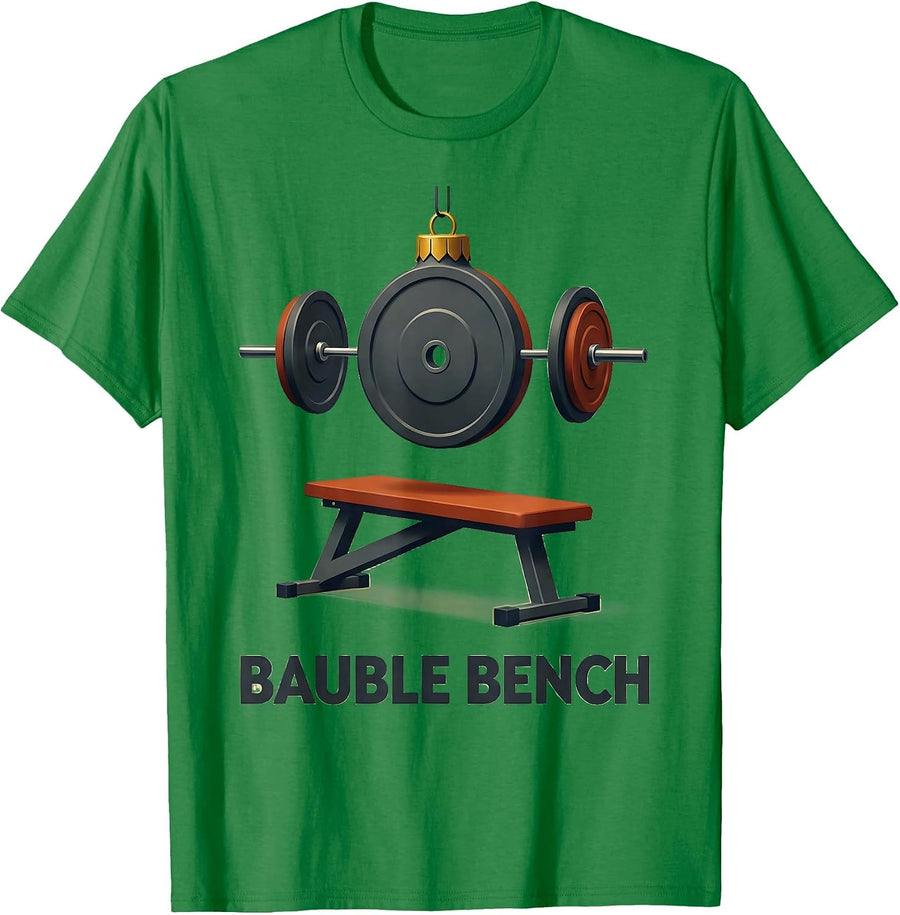 Men's Bauble Bench Midcentury Modern Christmas Gym Fitness Humor T-Shirt - Kelly Green