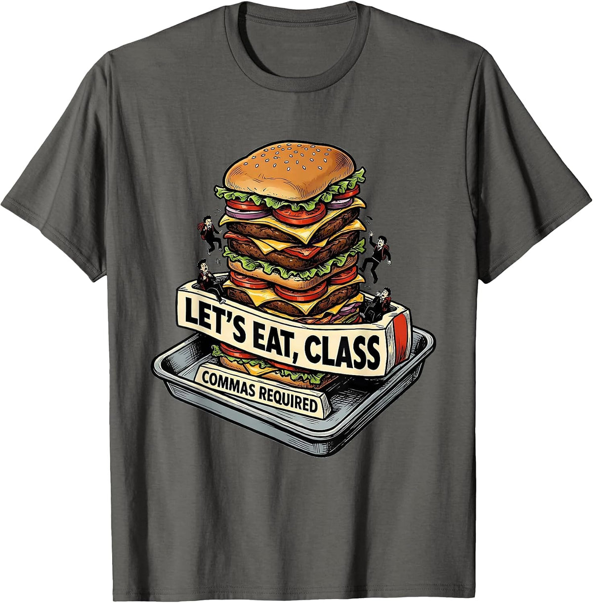 Men's Let's Eat Class Commas Required Funny Grammar Teacher Humor T-Shirt - Asphalt Grey