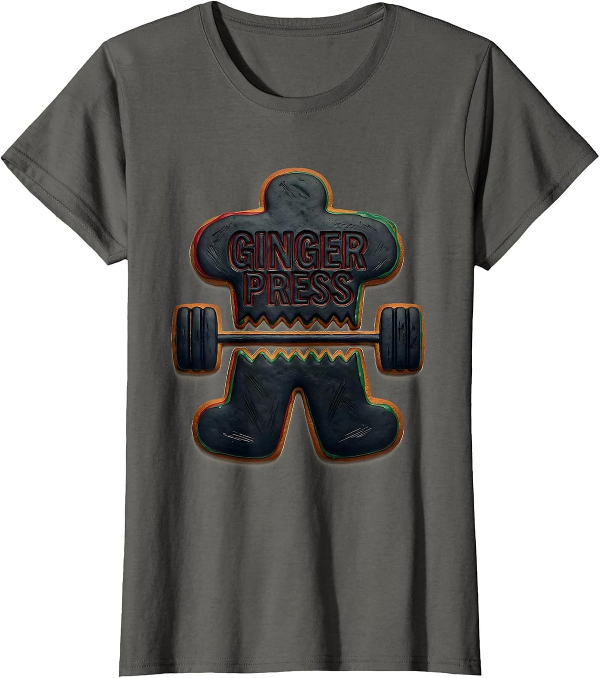 Women's Ginger Press Linocut Funny Gym Bodybuilding Christmas T-Shirt - Asphalt Grey