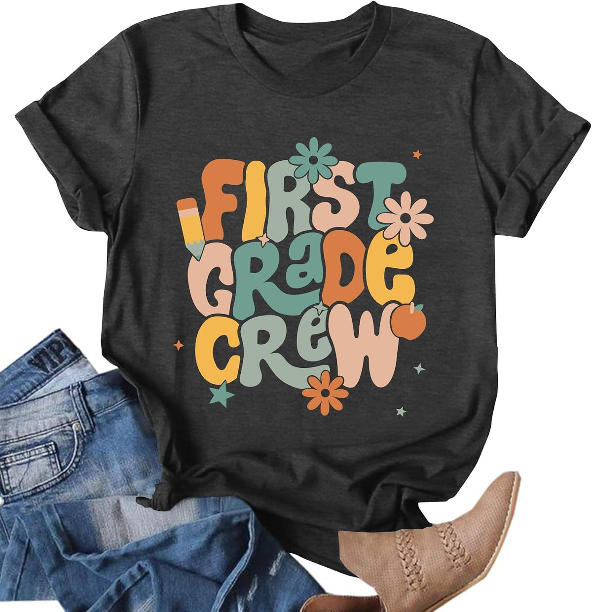 Teacher Shirts for Women First Day of School Tshirt Back to School T-Shirt Kindergarten Teacher Tee Top - Grade1grey