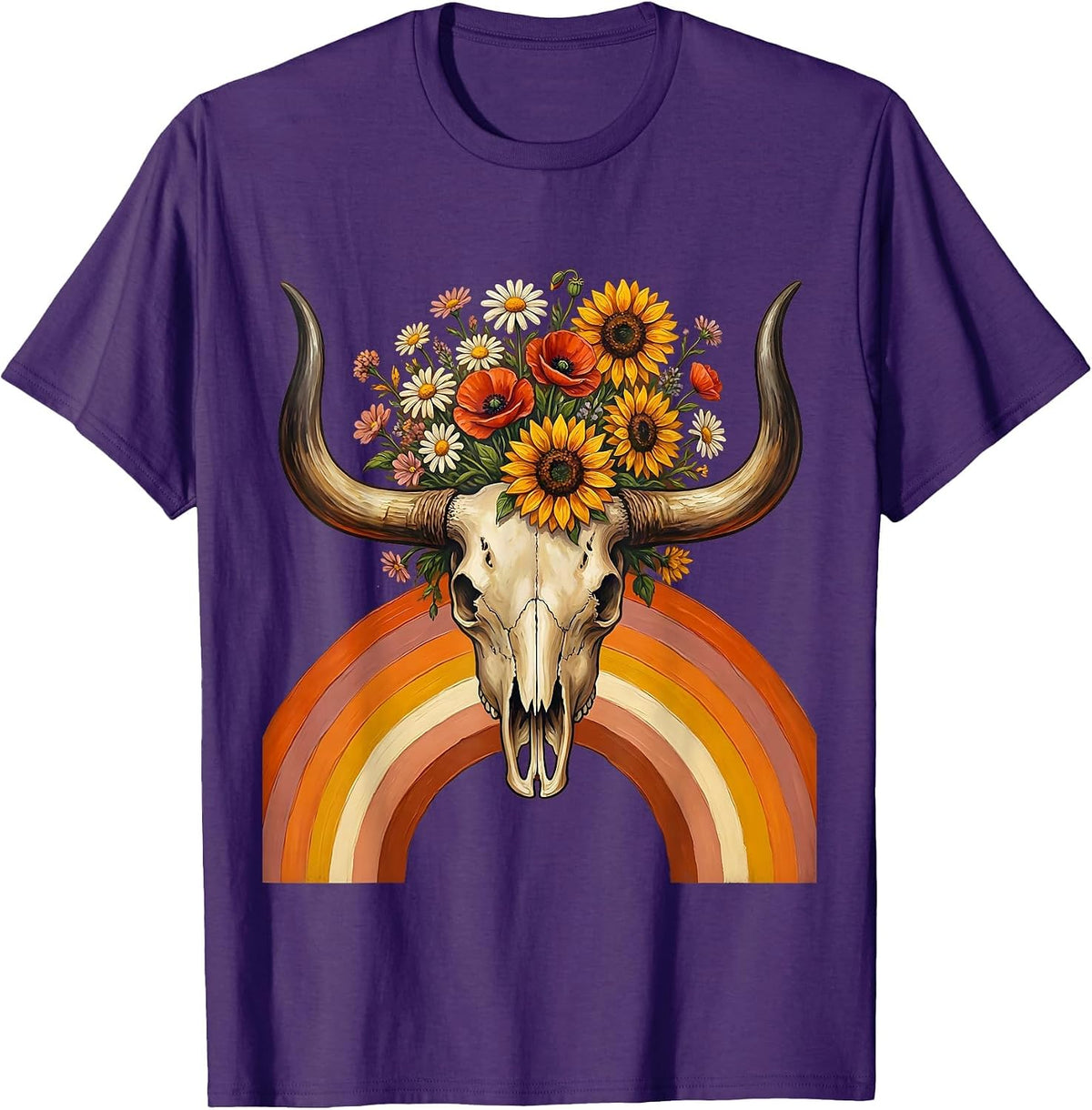 Men's Longhorn Skull Pastel Wildflowers Western Boho T-Shirt - Purple