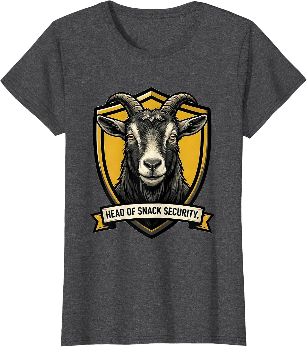 Women's Head Of Snack Security Cartoon Goat Novelty Mascot T-Shirt - Dark Heather Grey