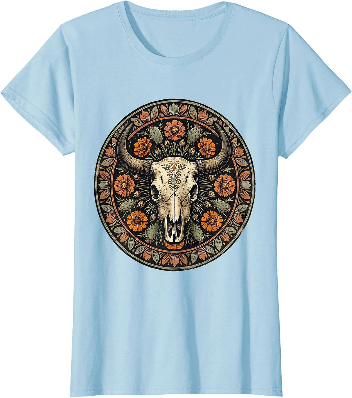 Women's Bull Skull Desert Wildflowers Boho Western Art T-Shirt - Baby Blue