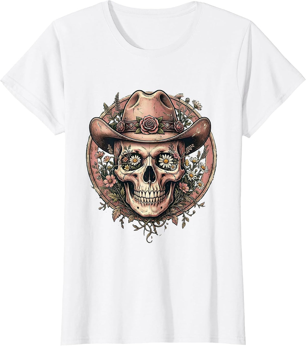 Women's Floral Skull Cowgirl Hat Western Graphic Design T-Shirt - White
